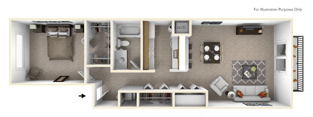 Floor plan for 1 bed, 1 bath, 769 sqft